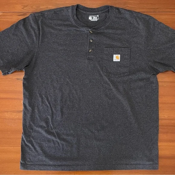🛠 Carhartt K84 Henley Shirt XL Charcoal Gray Pocket Tee Loose Fit Workwear - Picture 2 of 8